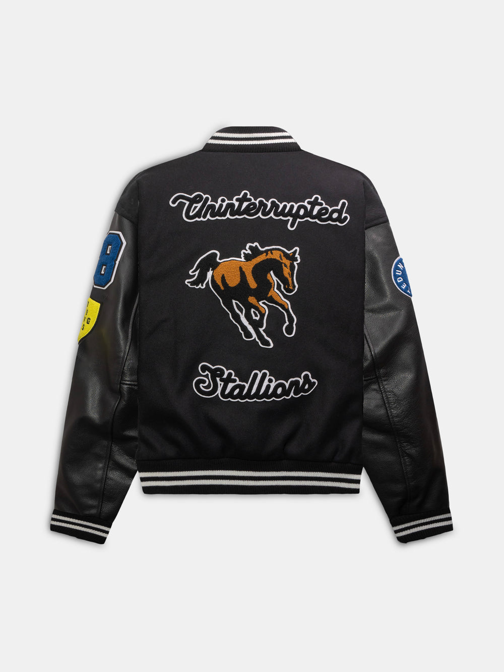 back of the varsity jacket with the words: "Uninterrupted Stallions" and a patch of a large horse