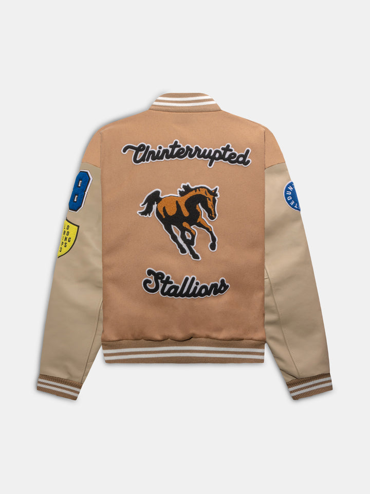 back view of the varsity jacket with a large horse patch