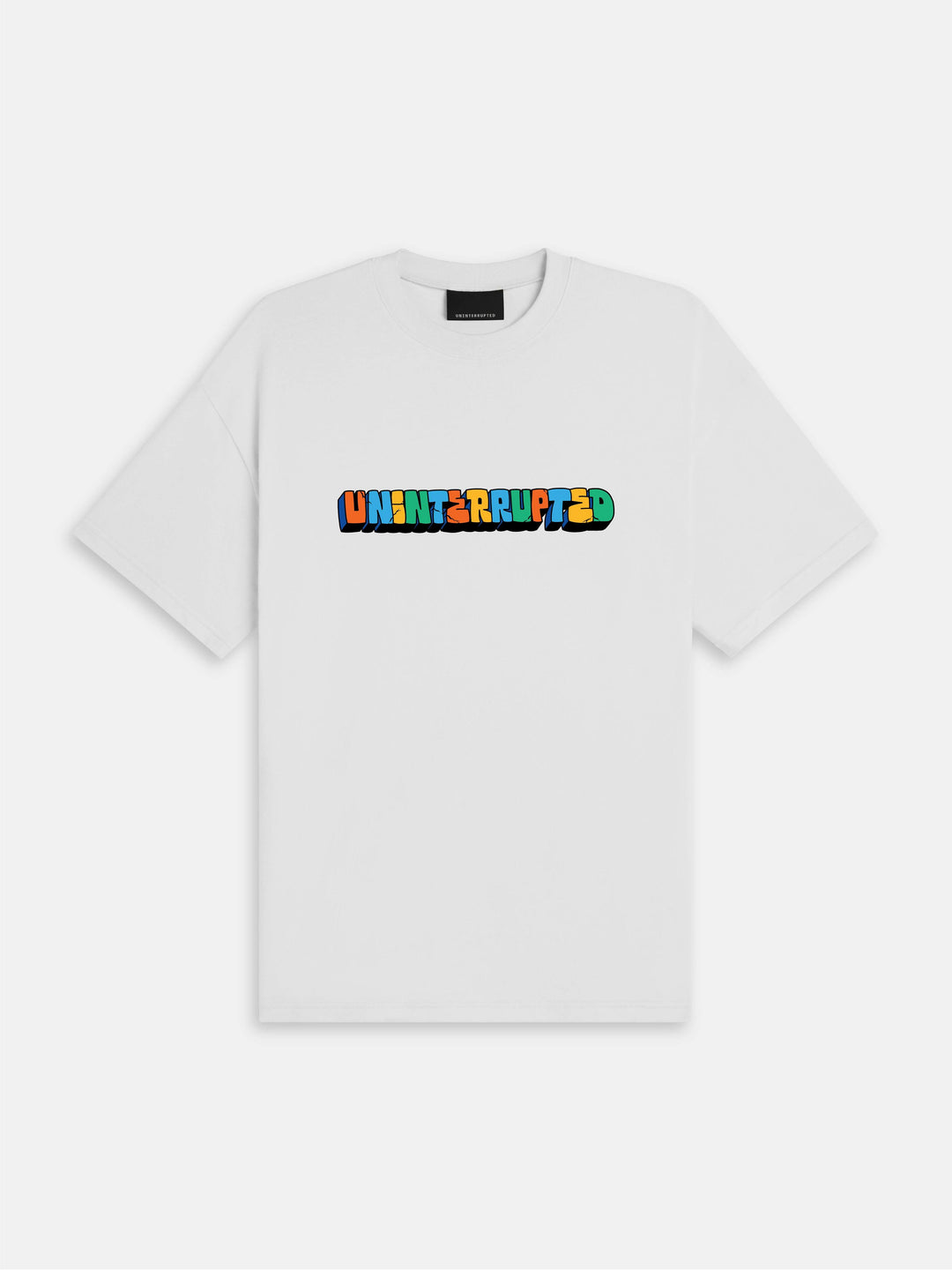 White short sleeve tshirt with multicolor crooked font that spells out UNINTERRUPTED