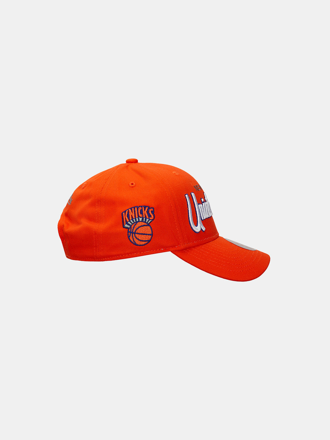 side view of the hat with the knicks emblem