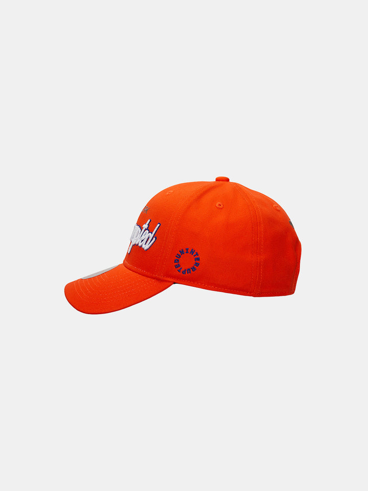 side view of the hat with the uninterrupted emblem