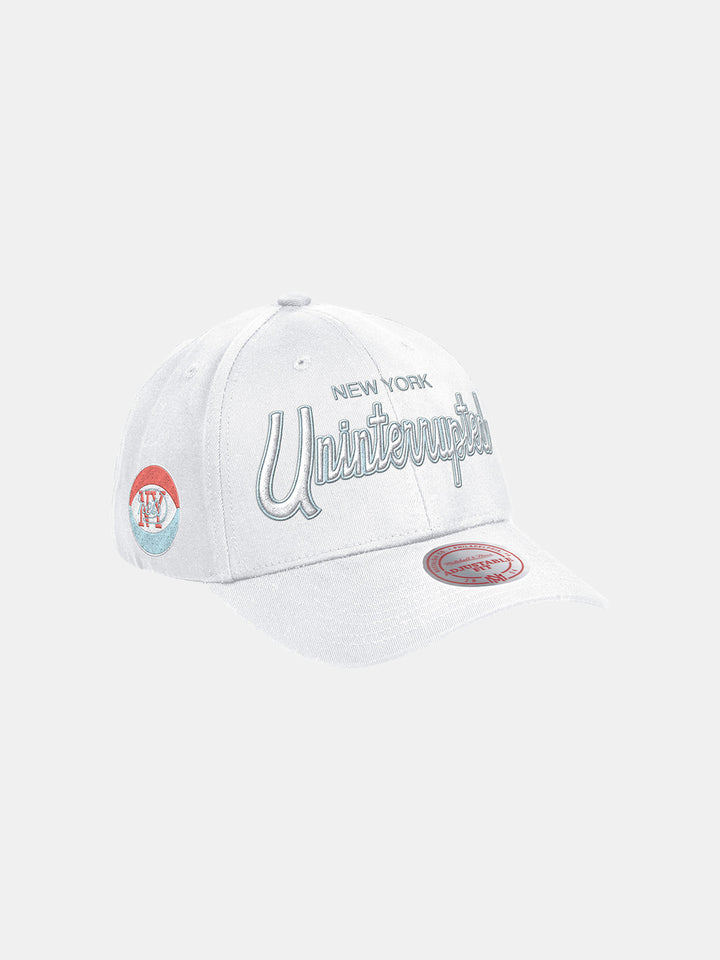 front view of the hat showing the embroidery "uninterrupted" and "new york"