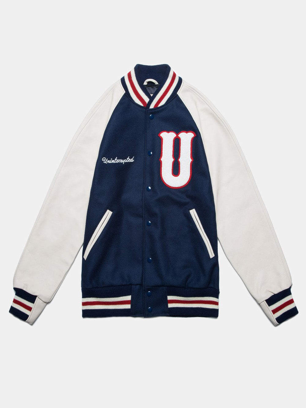front view of the blue and white varsity jacket with a patch "U"