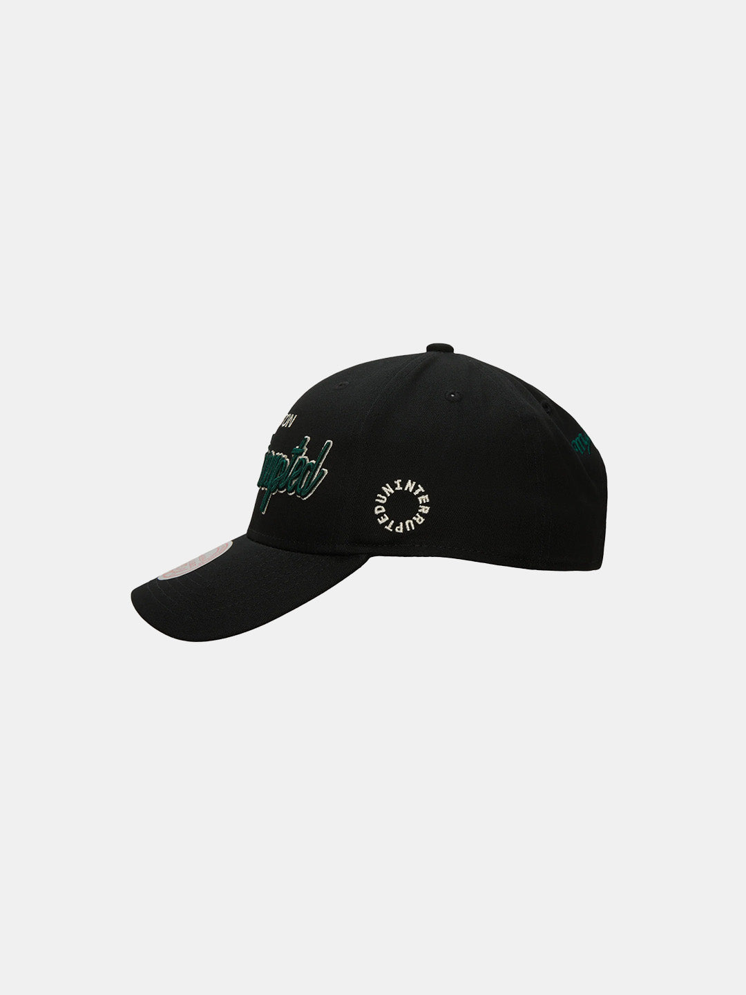 side view of the hat and the uninterrupted emblem