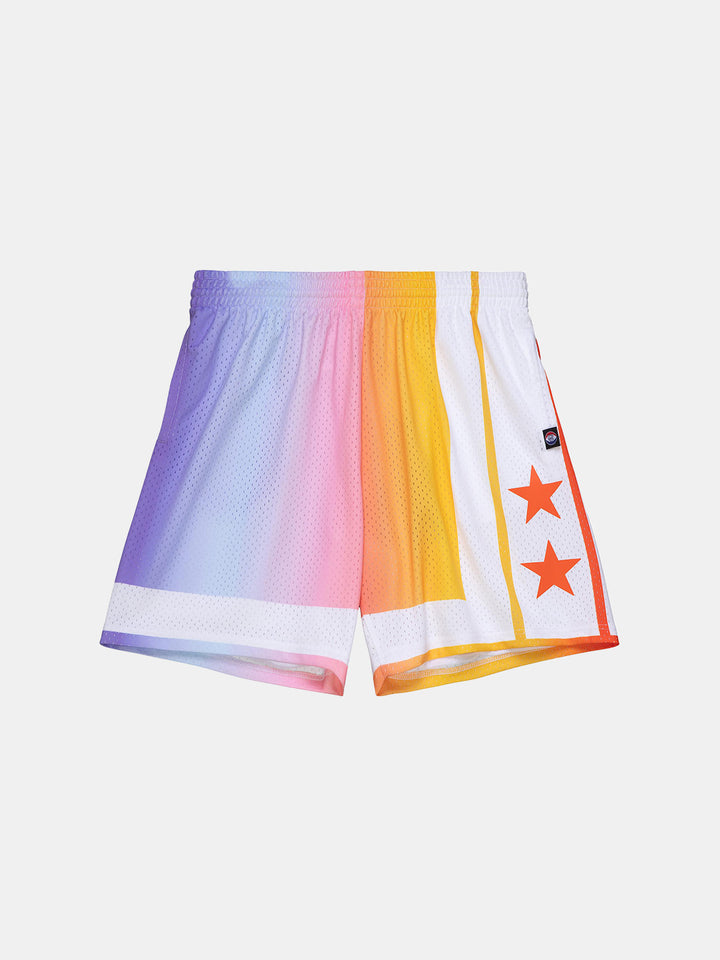 UNINTERRUPTED X Mitchell & Ness Legends Shorts Nets - front view of the multicolor shorts with star