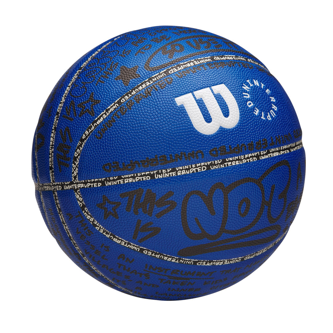UNINTERRUPTED X Wilson More Than A Basketball Composite Leather view of the blue basketball with handwriting
