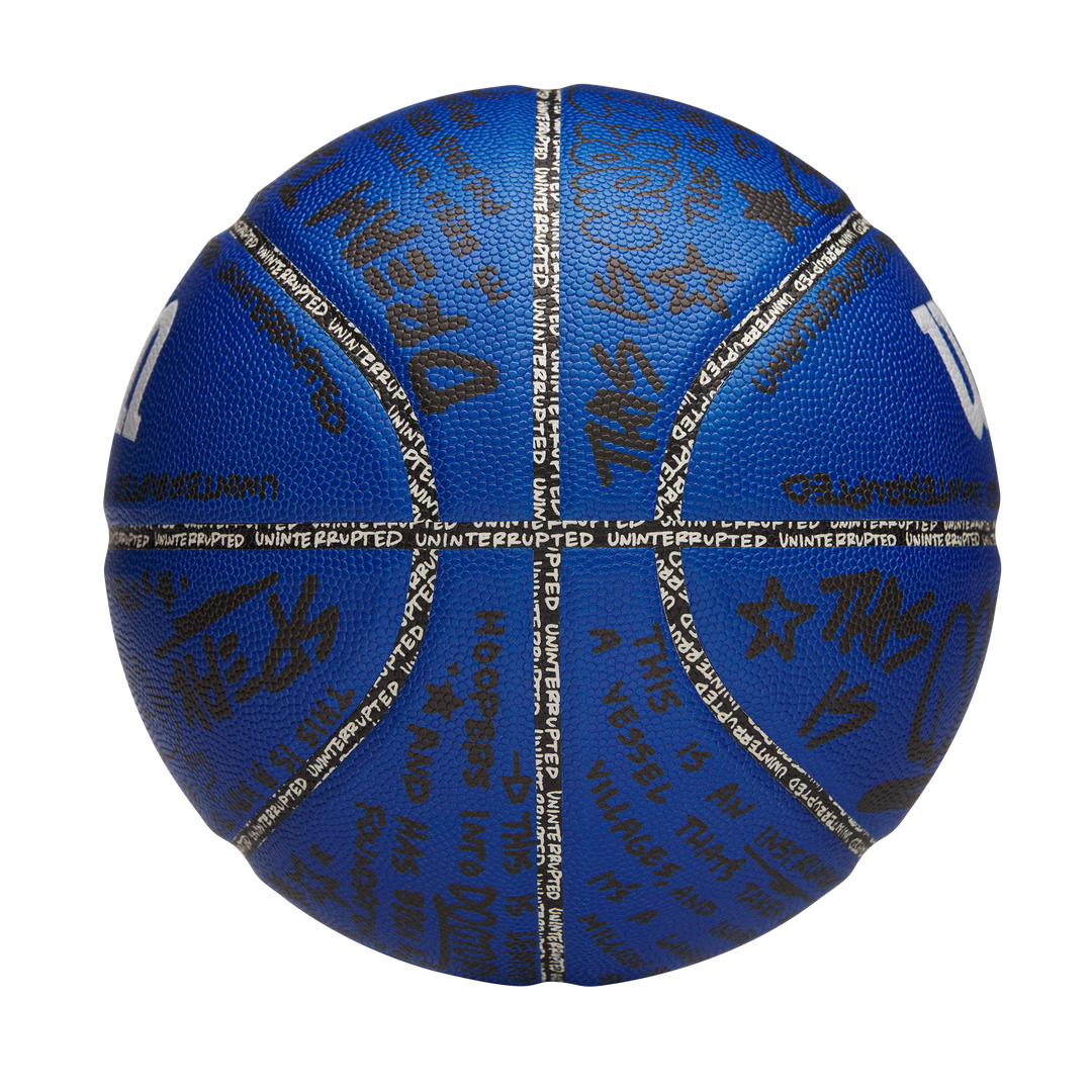 UNINTERRUPTED X Wilson More Than A Basketball Composite Leather view of the blue basketball with handwriting