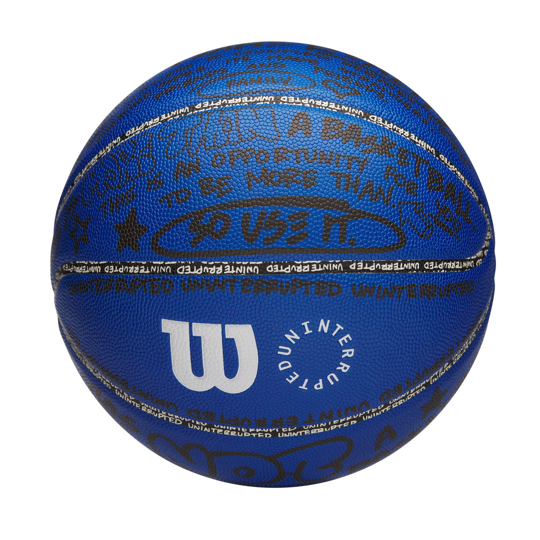 UNINTERRUPTED X Wilson More Than A Basketball Composite Leather view of the blue basketball with handwriting
