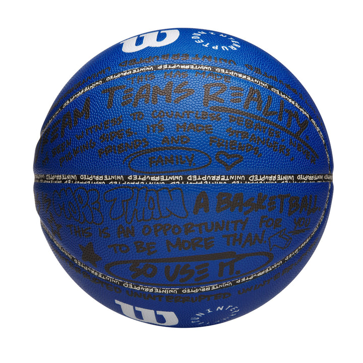 UNINTERRUPTED X Wilson More Than A Basketball Composite Leather view of the blue basketball with handwriting